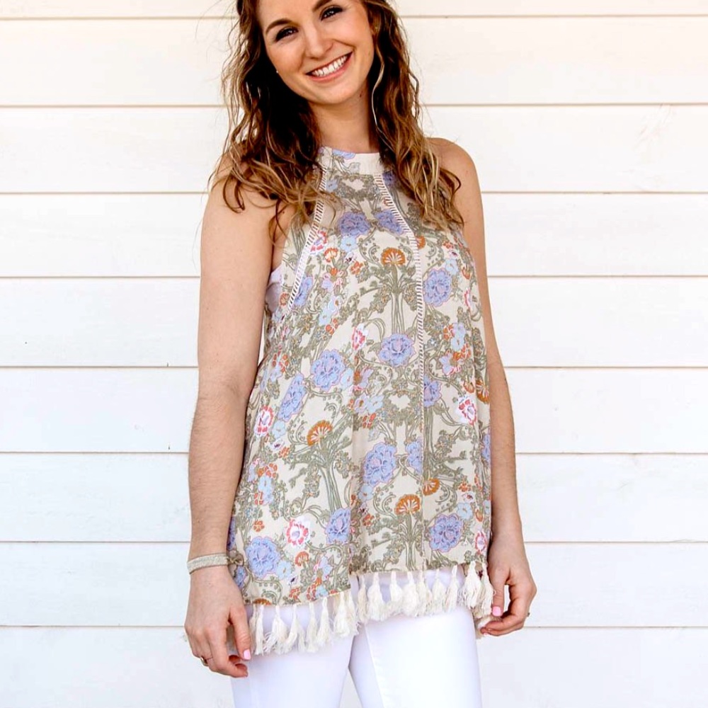 Halter style, high neck sleeveless tasseled floral top